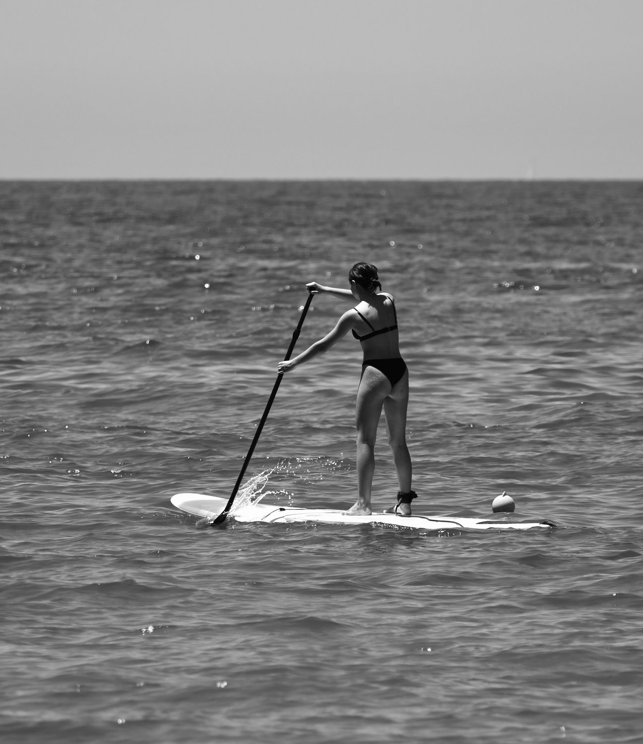Persona remando de pie sobre una tabla de paddle surf